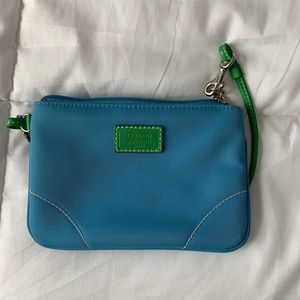 Bright blue and green nylon coach wristlet